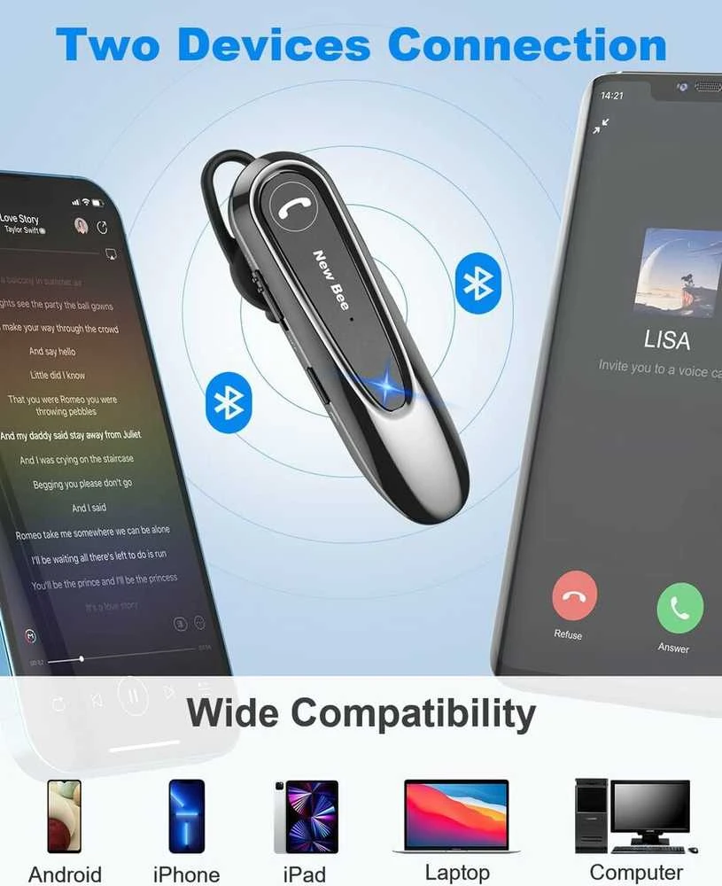 Ausinės New Bee B45 Bluetooth 5.0 - belaidė ausinė / laisvų rankų įranga, juoda