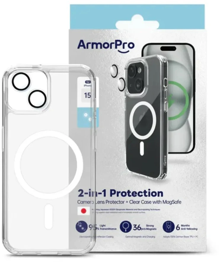 Permatomas 2in1 MagSafe telefono dėklas ArmorPro skirtas iPhone 15