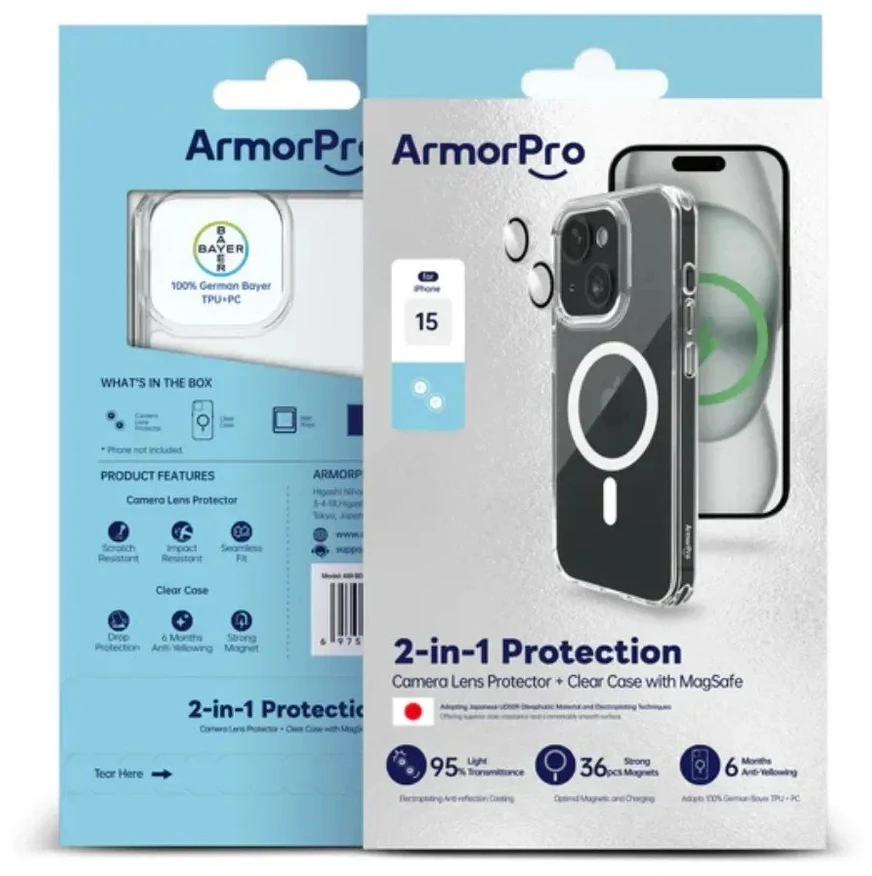 Permatomas 2in1 MagSafe telefono dėklas ArmorPro skirtas iPhone 15
