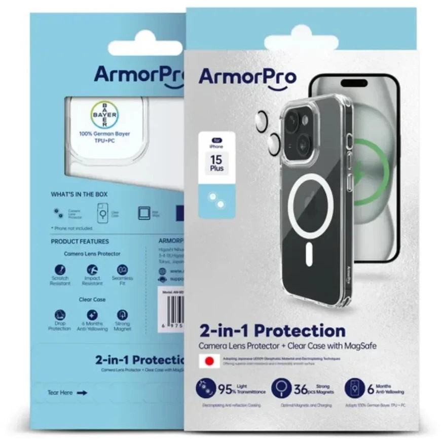 Permatomas 2in1 MagSafe telefono dėklas ArmorPro skirtas iPhone 15 Plus