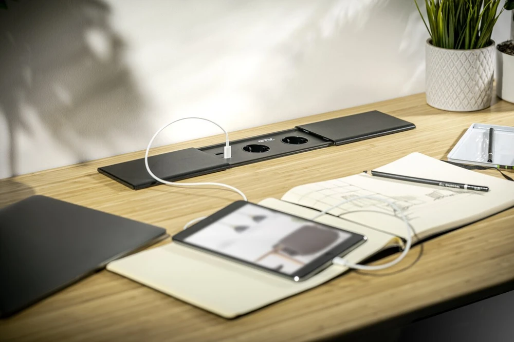 PRESTINO įleidžiamas stalinis ilgintuvas, 2x schuko lizdas, USB A+C, RJ45, HDMI, kabelis 1