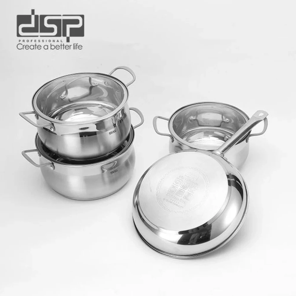 Puodų ir keptuvės rinkinys DSP CS006, 7 dalių, 6,2–9 L puodai, nerūdijančiojo plieno