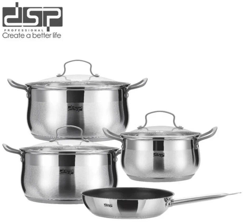 Puodų ir keptuvės rinkinys DSP CS006, 7 dalių, 6,2–9 L puodai, nerūdijančiojo plieno