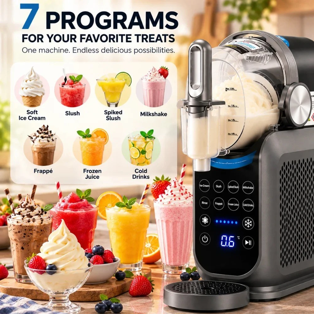 Šaldytų gėrimų ir minkštųjų ledų aparatas, 220 W, 1,8 l, 7 programos, DSP KJ3087
