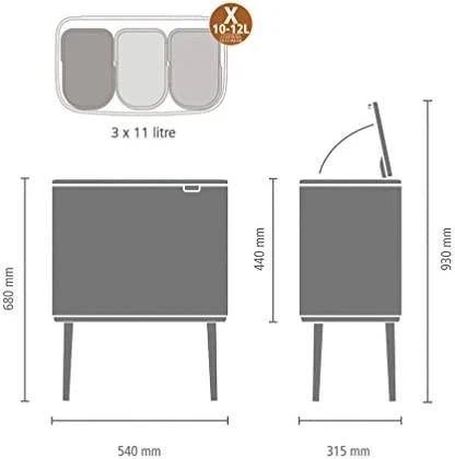 Šiukšlių dėžė Brabantia Bo Touch, 3 x 11 l, Balta (Pažeista pakuotė)
