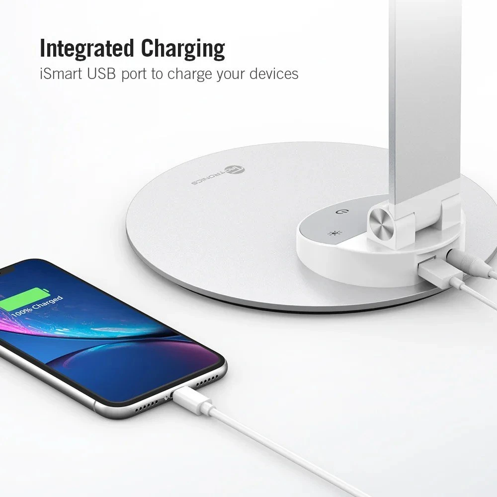 Taotronics Sidabrinis 5 lygių pritemdoma aliuminio LED lempa su 5 spalvų temperatūromis ir USB prievadu
