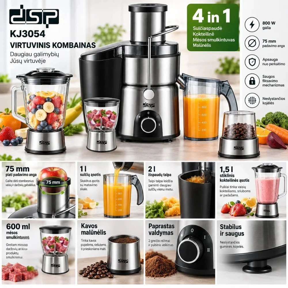 Virtuvinis kombainas DSP KJ3054, 4in1 , 800 W, nerūdijančiojo plieno, su stikliniais indais