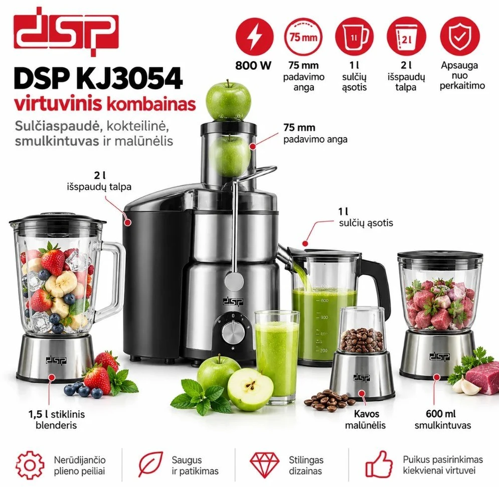 Virtuvinis kombainas DSP KJ3054, 4in1 , 800 W, nerūdijančiojo plieno, su stikliniais indais