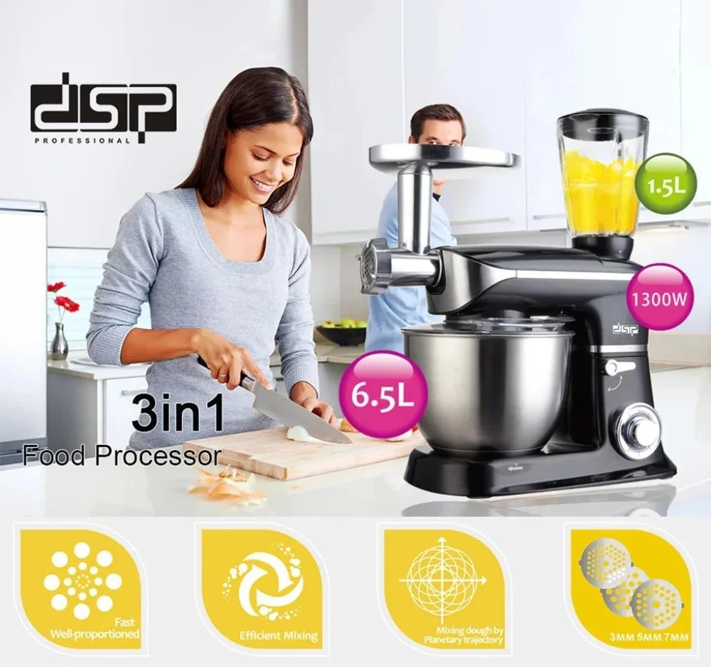 Virtuvinis kombainas DSP KM3031, 1300 W, 6,5 l, su mėsmale ir trintuvu, juodas