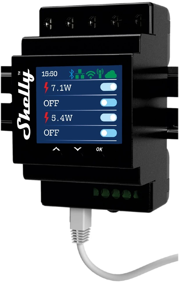 Shelly Pro 4PM 4 kanalų DIN bėgio relė jungiklis su Wi-Fi, LAN ir Bluetooth ryšiu