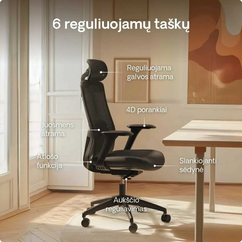 Biuro kėdė Desktronic SitOne Juoda, 4D porankiai, 6 reguliuojami taškai, BIFMA sertifikatas