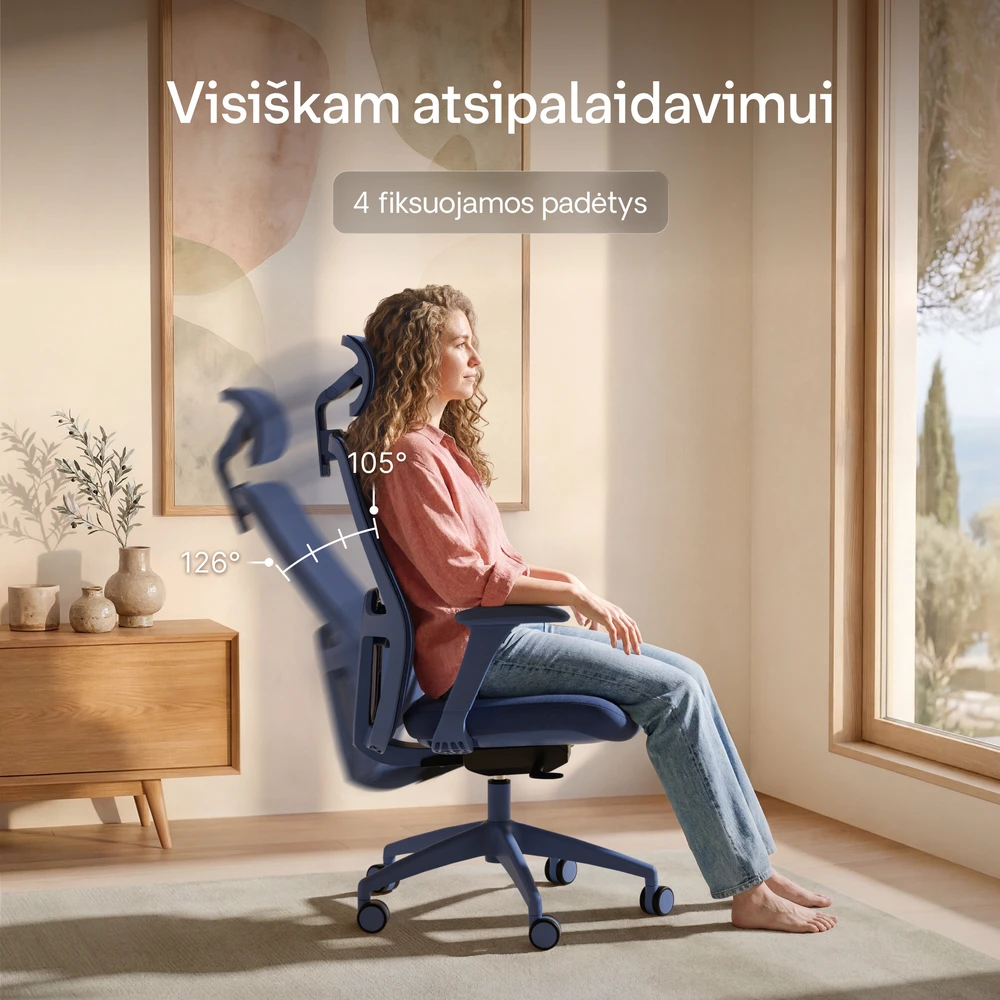 Biuro kėdė Desktronic SitOne Mėlyna, 4D porankiai, 6 reguliuojami taškai, BIFMA sertifikatas