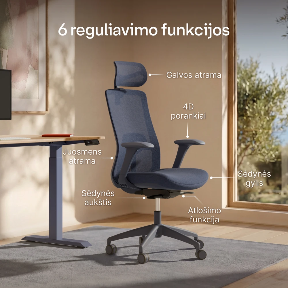 Biuro kėdė Desktronic SitOne Mėlyna, 4D porankiai, 6 reguliuojami taškai, BIFMA sertifikatas