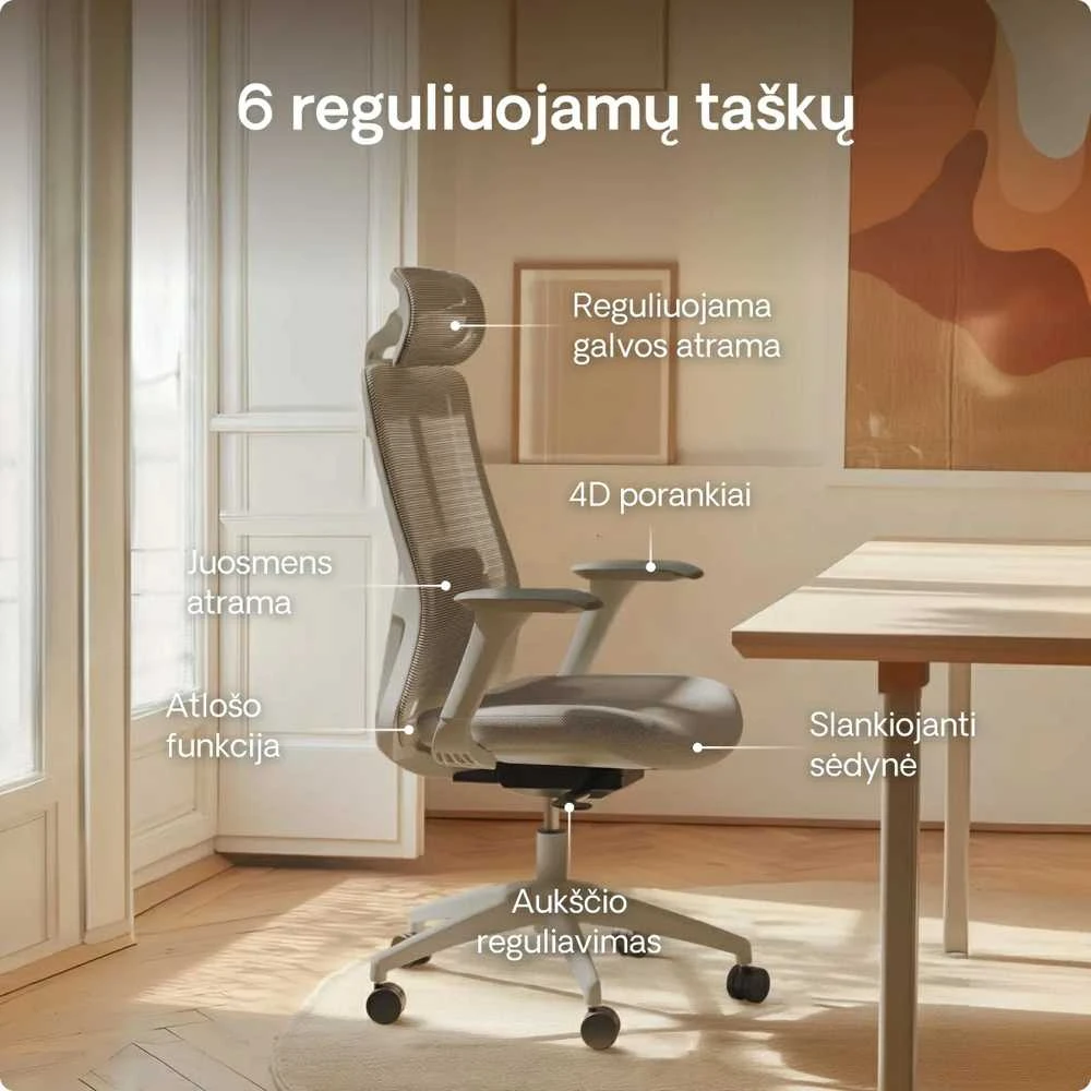 Biuro kėdė Desktronic SitOne Pilka, 4D porankiai, 6 reguliuojami taškai, BIFMA sertifikatas