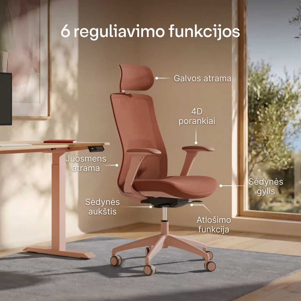 Biuro kėdė Desktronic SitOne Rožinė, 4D porankiai, 6 reguliuojami taškai, BIFMA sertifikatas