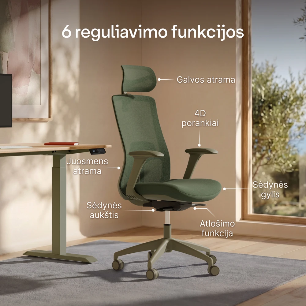 Biuro kėdė Desktronic SitOne Žalia, 4D porankiai, 6 reguliuojami taškai, BIFMA sertifikatas