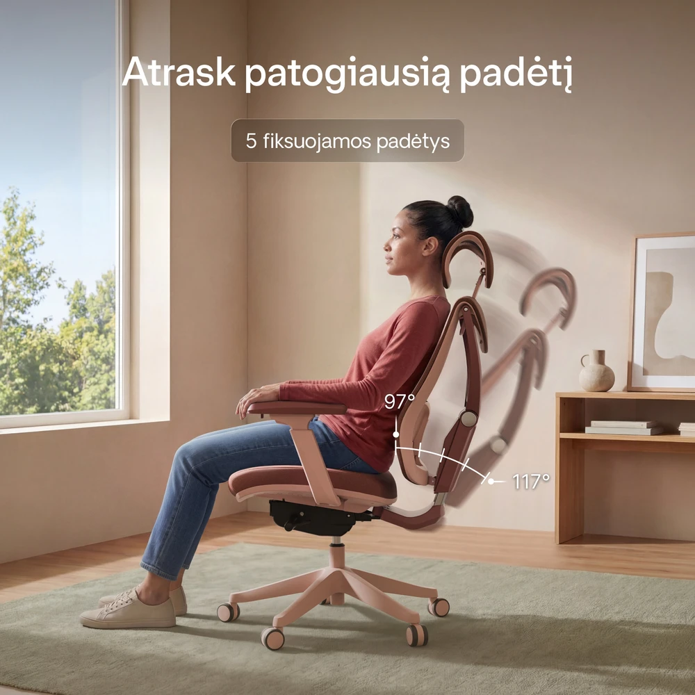 Biuro kėdė Desktronic SitPro Rožinė, 3D porankiai, 10 reguliuojamų taškų, BIFMA sertifikatas