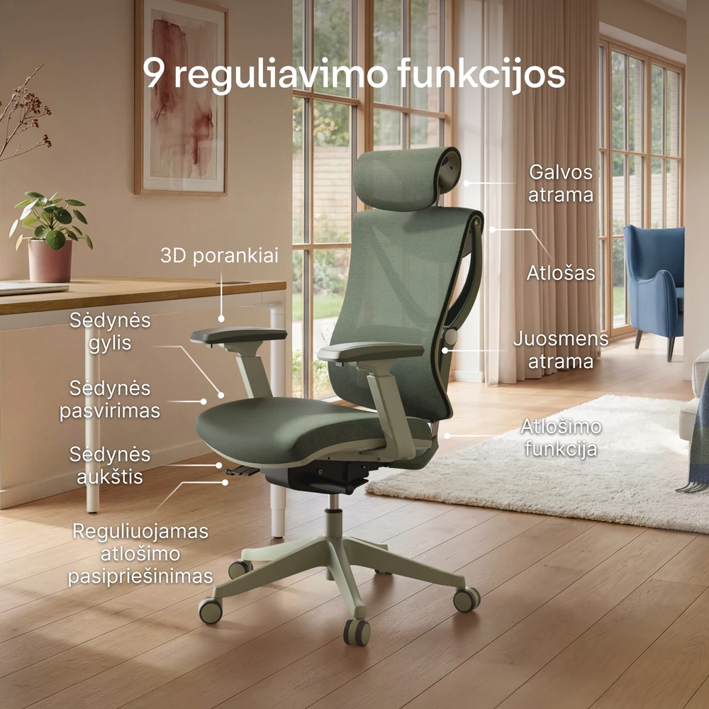 Biuro kėdė Desktronic SitPro Žalia, 3D porankiai, 10 reguliuojamų taškų, BIFMA sertifikatas