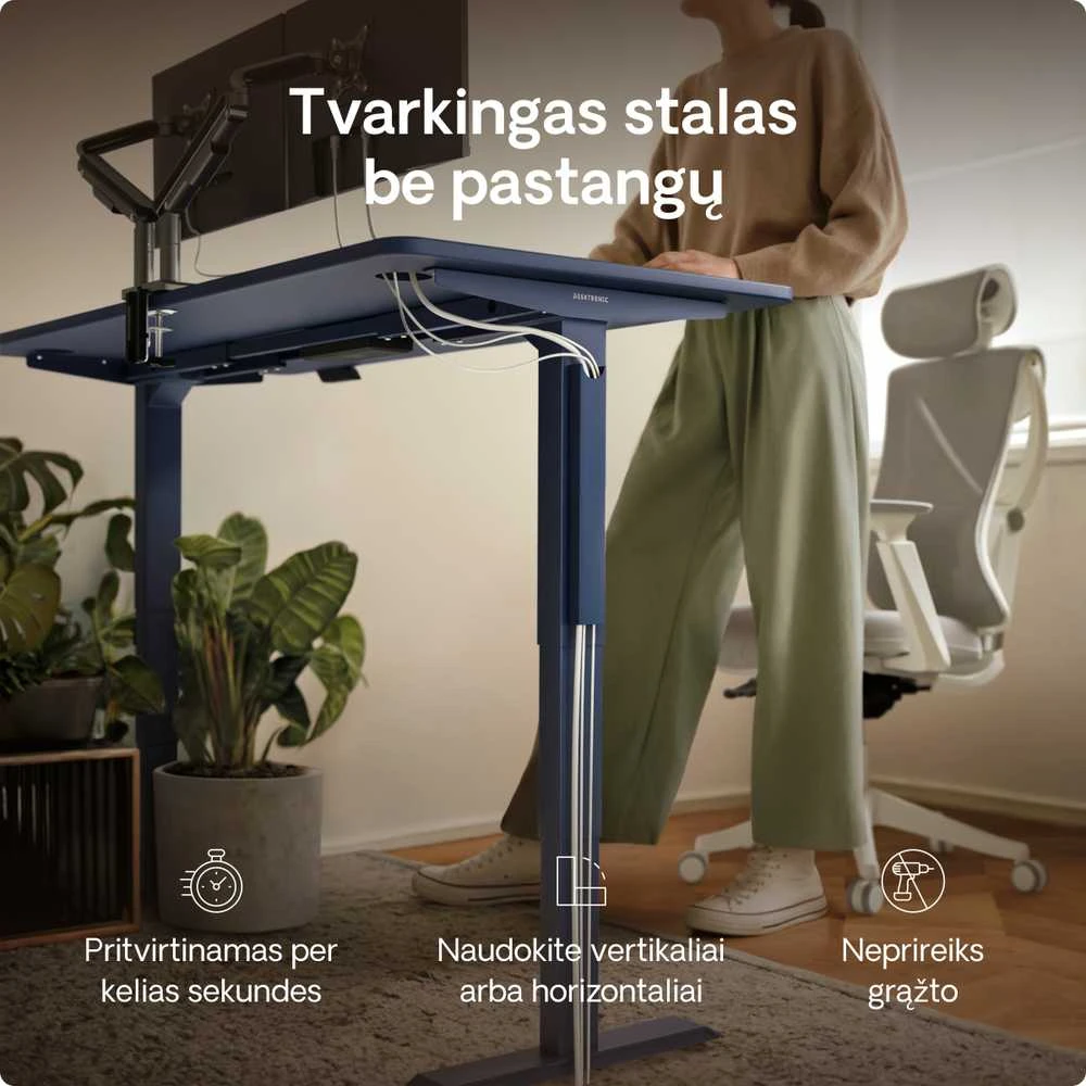Mėlynas magnetinis kabelių laikiklis ant stalo kojos