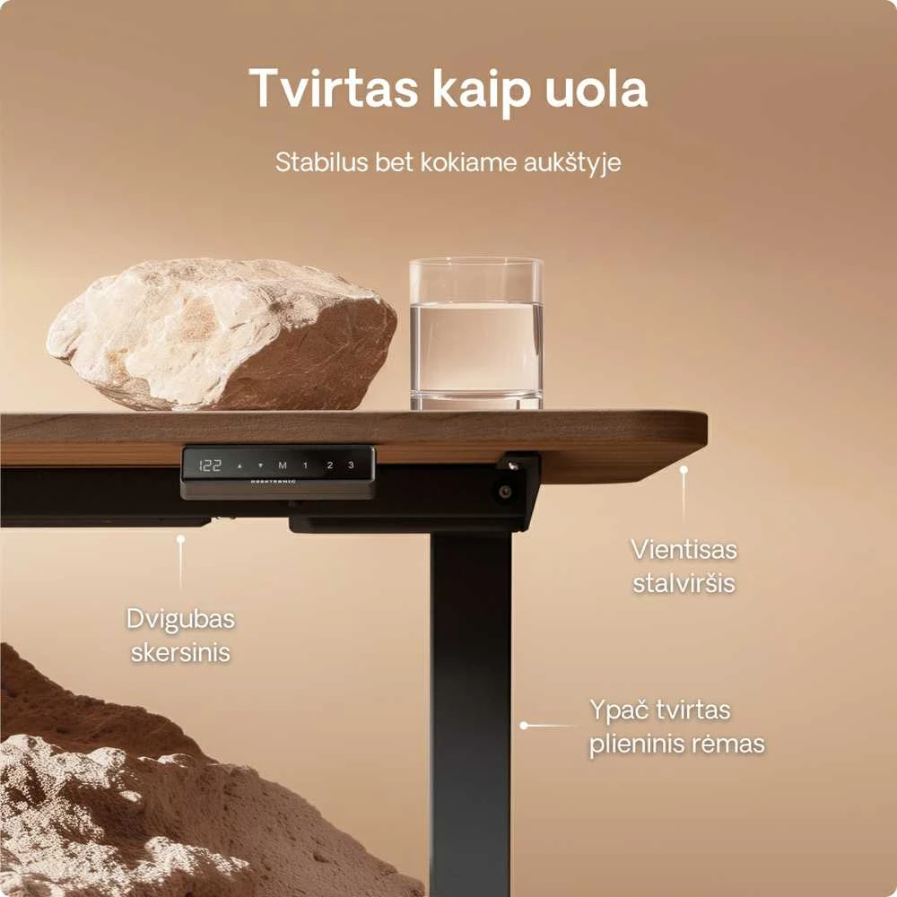 Elektrinis reguliuojamo aukščio stalas Desktronic HomeOne Juodas/Riešutmedis, 120x60cm, Dvigubas motoras, USB ir USB-C įkrovimo lizdai