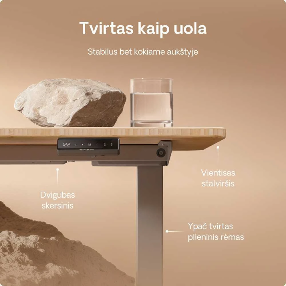 Elektrinis reguliuojamo aukščio stalas Desktronic HomeOne Bambukas/Pilkas, 140x70cm, Dvigubas motoras, USB ir USB-C įkrovimo lizdai