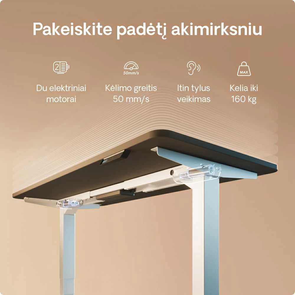 Elektrinis reguliuojamo aukščio stalas Desktronic HomePro Baltas/Juodas, 160x80cm, Dvigubas motoras, USB ir USB-C įkrovimo lizdai