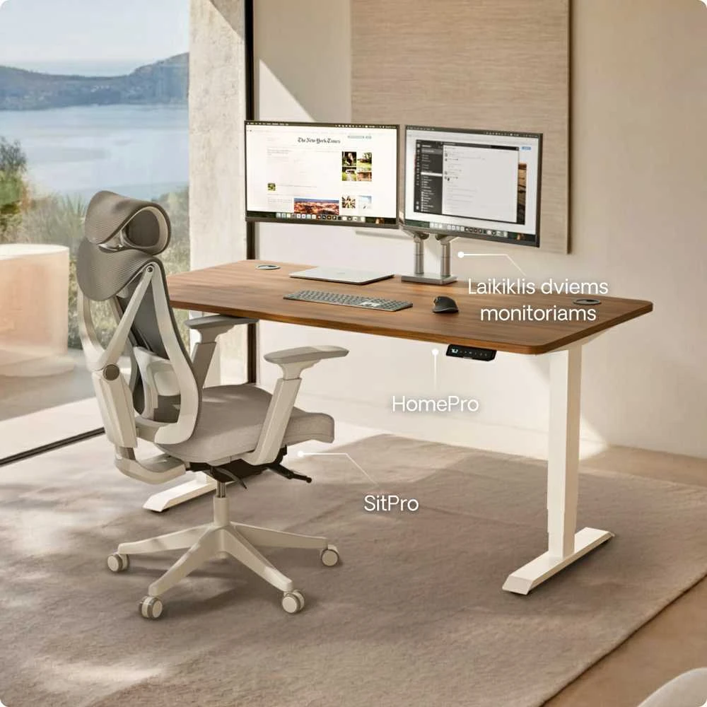 Elektrinis reguliuojamo aukščio stalas Desktronic HomePro Baltas/Riešutmedis, 120x60cm, Dvigubas motoras, USB ir USB-C įkrovimo lizdai
