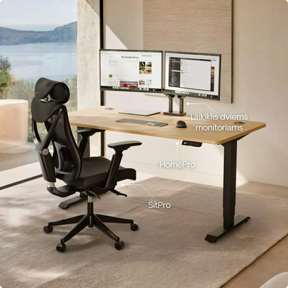 Elektrinis reguliuojamo aukščio stalas Desktronic HomePro Juodas/Ąžuolas, 200x80cm, Dvigubas motoras, USB ir USB-C įkrovimo lizdai