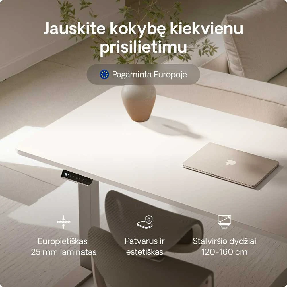 Elektrinis reguliuojamo aukščio stalas Desktronic HomeOne Pilkas/Baltas, 140x70cm, Dvigubas motoras, USB ir USB-C įkrovimo lizdai