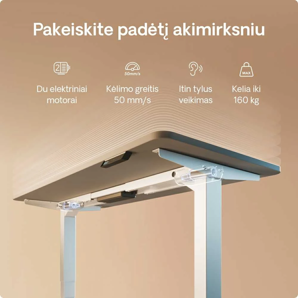 Elektrinis reguliuojamo aukščio stalas Desktronic HomePro Baltas/Pilkas, 200x80cm, Dvigubas motoras, USB ir USB-C įkrovimo lizdai