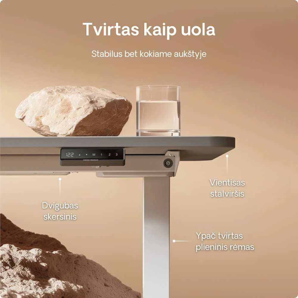 Elektrinis reguliuojamo aukščio stalas Desktronic HomeOne Baltas/Pilkas, 140x70cm, Dvigubas motoras, USB ir USB-C įkrovimo lizdai