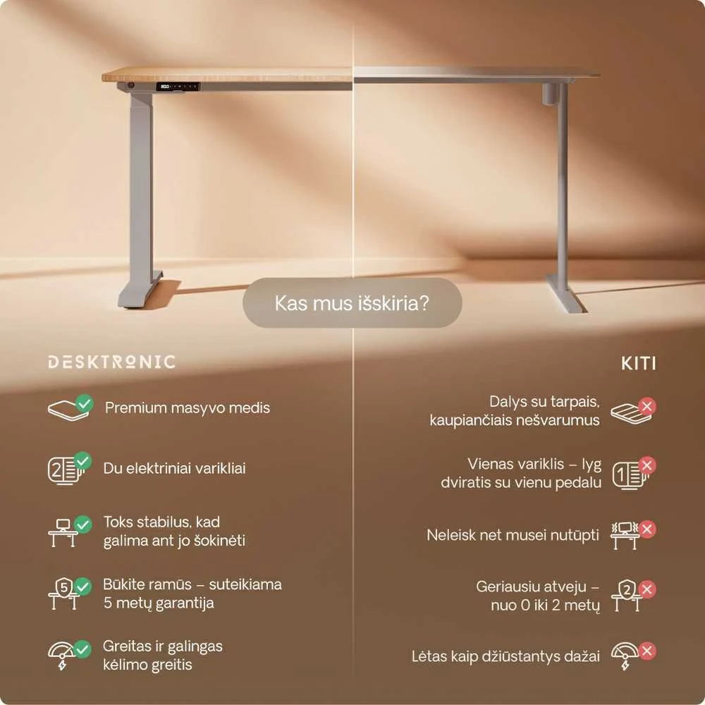 Elektrinis reguliuojamo aukščio stalas Desktronic HomeOne Bambukas/Pilkas, 140x70cm, Dvigubas motoras, USB ir USB-C įkrovimo lizdai