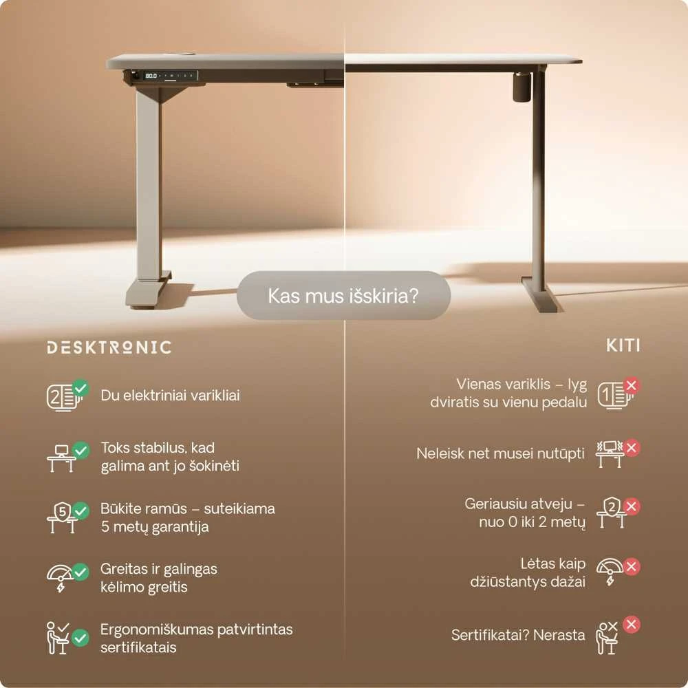 Elektrinis reguliuojamo aukščio stalas Desktronic HomePro Pilkas/Pilkas, 200x80cm, Dvigubas motoras, USB ir USB-C įkrovimo lizdai