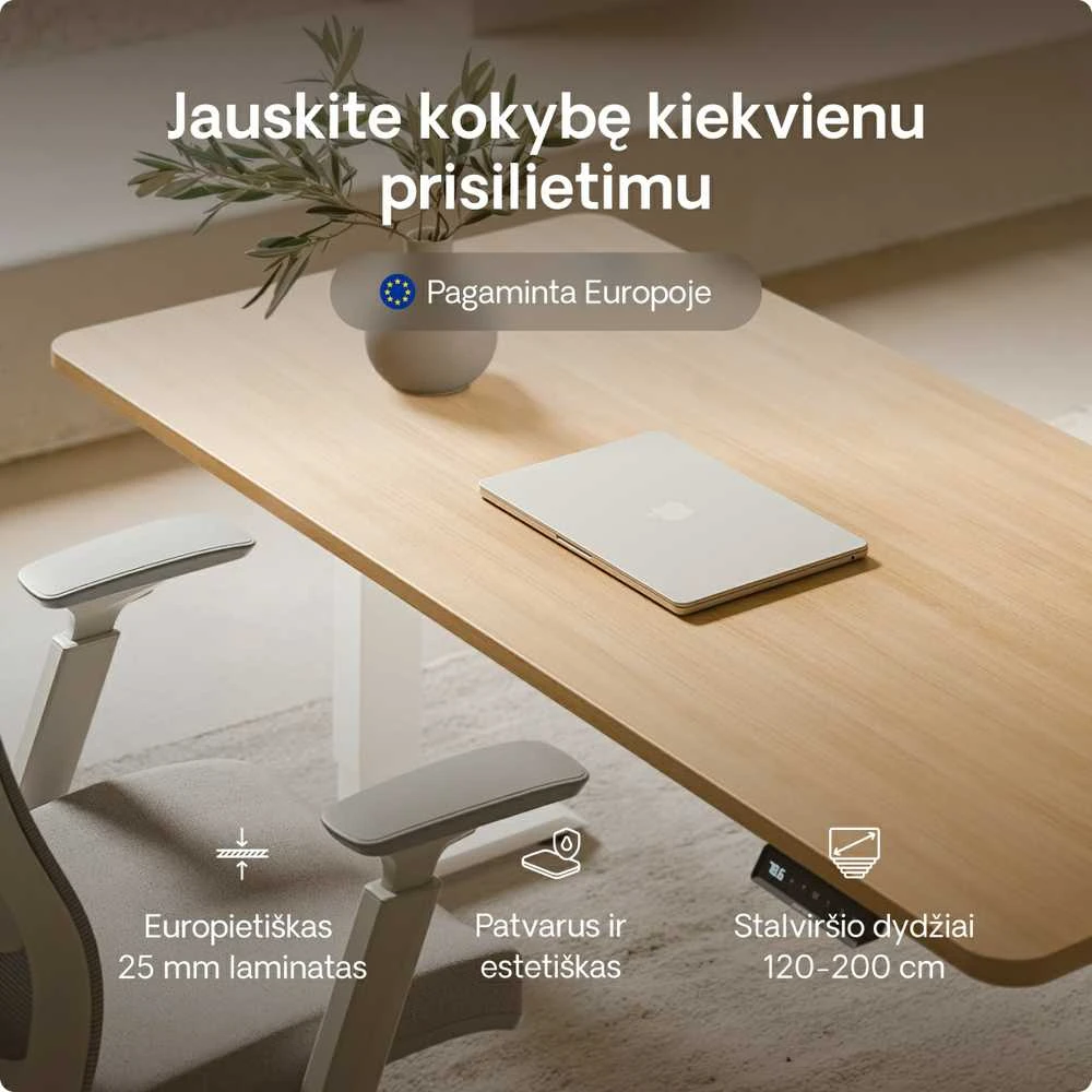Elektrinis reguliuojamo aukščio stalas Desktronic HomePro Baltas/Ąžuolas, 200x80cm, Dvigubas motoras, USB ir USB-C įkrovimo lizdai