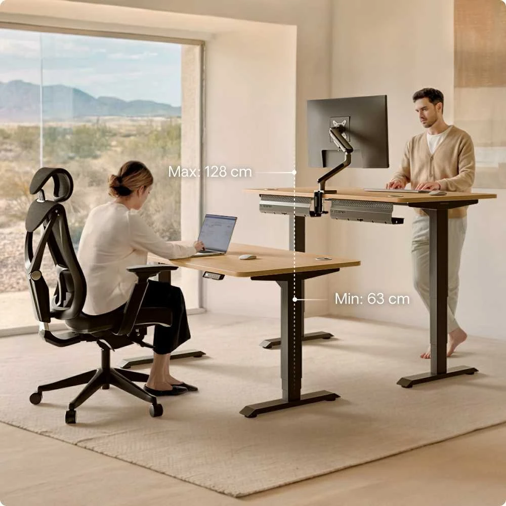 Elektrinis reguliuojamo aukščio stalas Desktronic HomePro Juodas/Ąžuolas, 200x80cm, Dvigubas motoras, USB ir USB-C įkrovimo lizdai