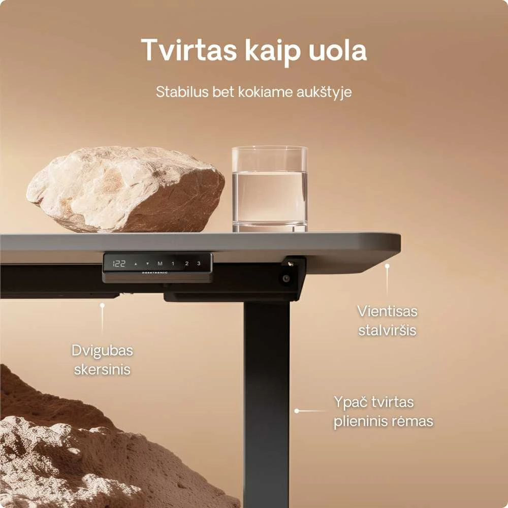 Elektrinis reguliuojamo aukščio stalas Desktronic HomeOne Juodas/Pilkas, 120x60cm, Dvigubas motoras, USB ir USB-C įkrovimo lizdai
