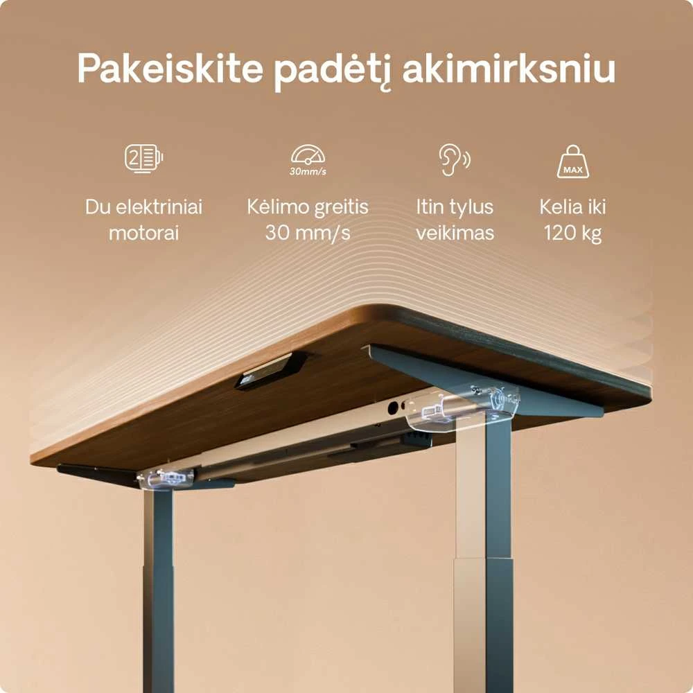 Elektrinis reguliuojamo aukščio stalas Desktronic HomeOne Pilkas/Riešutmedis, 140x70cm, Dvigubas motoras, USB ir USB-C įkrovimo lizdai