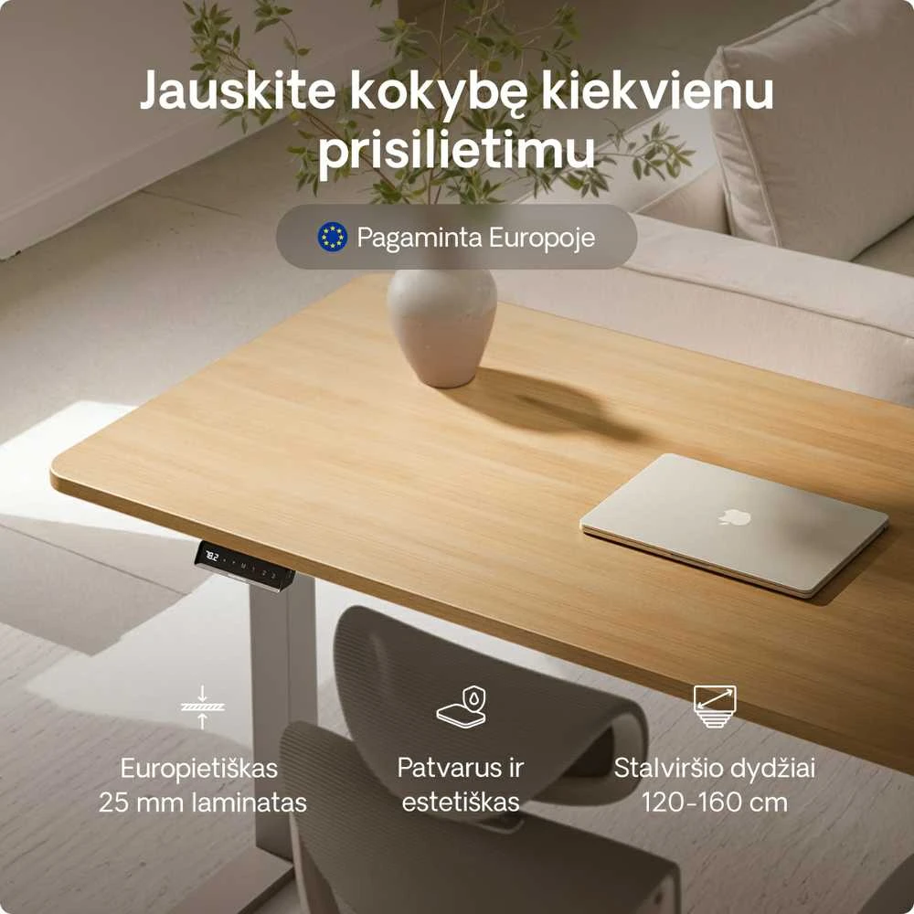 Elektrinis reguliuojamo aukščio stalas Desktronic HomeOne Pilkas/Ąžuolas, 120x60cm, Dvigubas motoras, USB ir USB-C įkrovimo lizdai