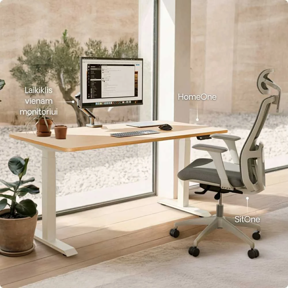 Elektrinis reguliuojamo aukščio stalas Desktronic HomeOne Baltas/Ąžuolas, 160x80cm, Dvigubas motoras, USB ir USB-C įkrovimo lizdai