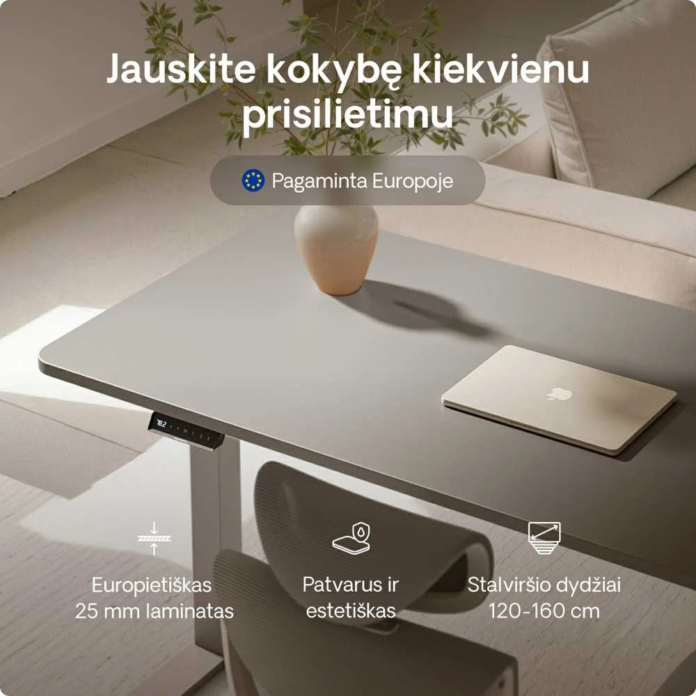 Elektrinis reguliuojamo aukščio stalas Desktronic HomeOne Pilkas/Pilkas, 140x70cm, Dvigubas motoras, USB ir USB-C įkrovimo lizdai