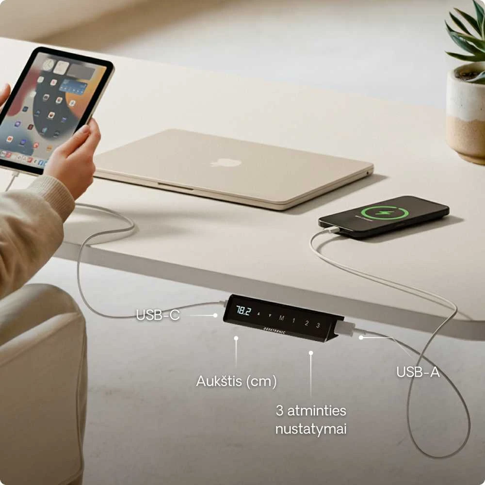 Elektrinis reguliuojamo aukščio stalas Desktronic HomeOne Baltas/Baltas, 140x70cm, Dvigubas motoras, USB ir USB-C įkrovimo lizdai