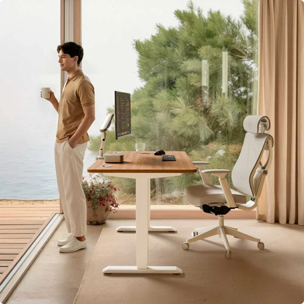 Elektrinis reguliuojamo aukščio stalas Desktronic HomePro Baltas/Riešutmedis, 120x60cm, Dvigubas motoras, USB ir USB-C įkrovimo lizdai