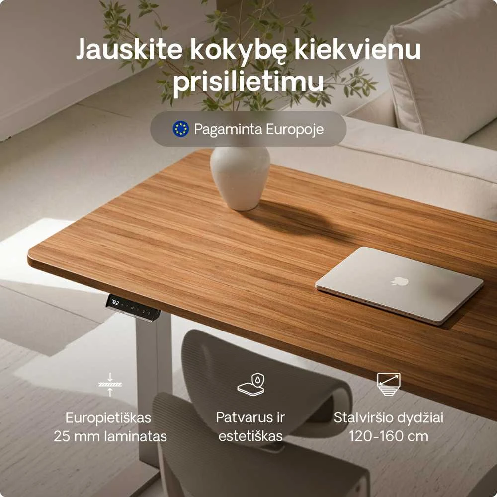 Elektrinis reguliuojamo aukščio stalas Desktronic HomeOne Pilkas/Riešutmedis, 140x70cm, Dvigubas motoras, USB ir USB-C įkrovimo lizdai