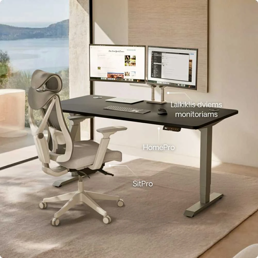 Elektrinis reguliuojamo aukščio stalas Desktronic HomePro Pilkas/Juodas, 140x70cm, Dvigubas motoras, USB ir USB-C įkrovimo lizdai