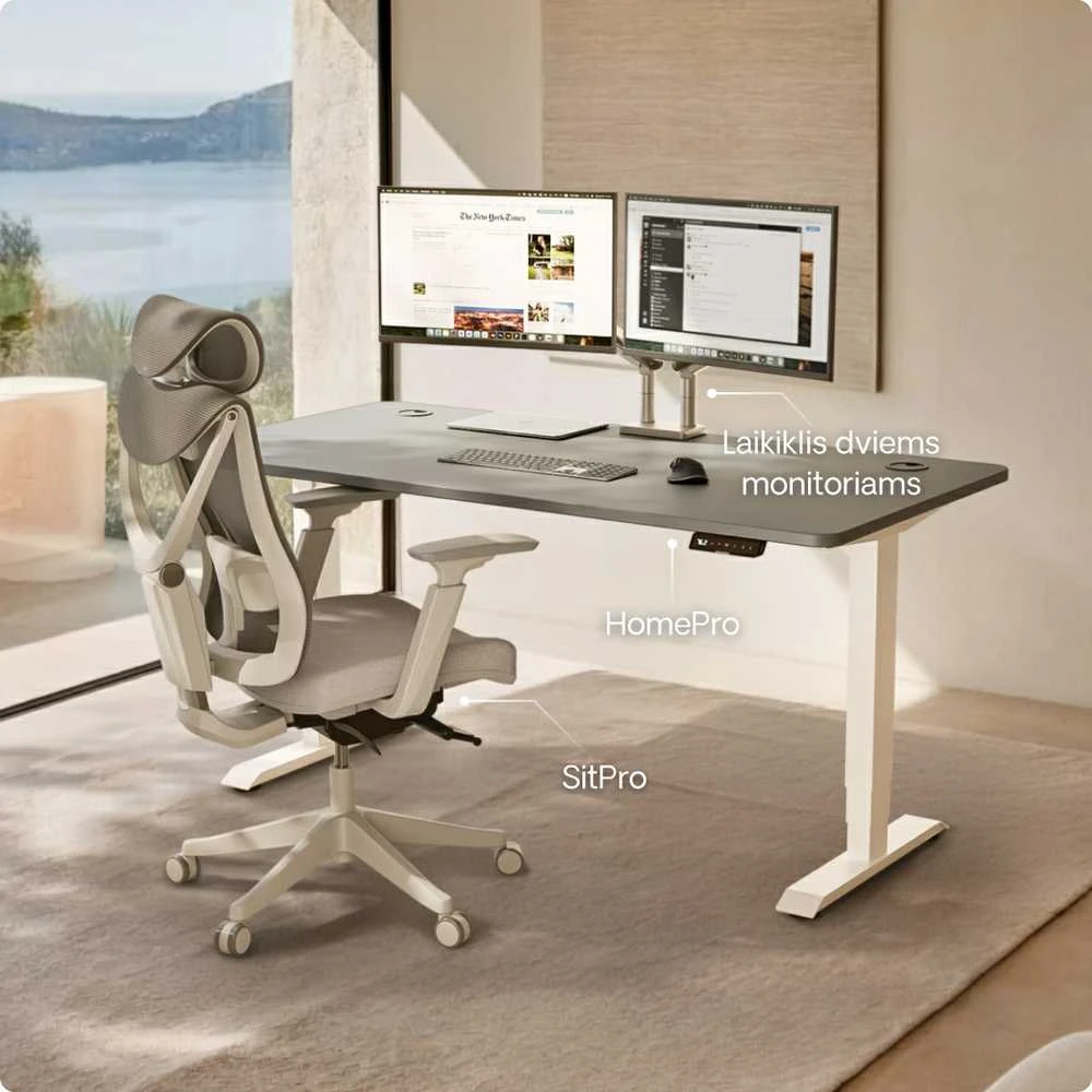 Elektrinis reguliuojamo aukščio stalas Desktronic HomePro Baltas/Pilkas, 200x80cm, Dvigubas motoras, USB ir USB-C įkrovimo lizdai