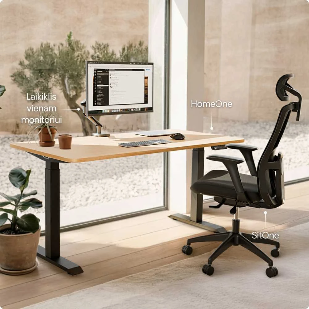 Elektrinis reguliuojamo aukščio stalas Desktronic HomeOne Juodas/Ąžuolas, 160x80cm, Dvigubas motoras, USB ir USB-C įkrovimo lizdai