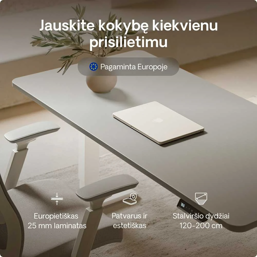 Elektrinis reguliuojamo aukščio stalas Desktronic HomePro Baltas/Pilkas, 200x80cm, Dvigubas motoras, USB ir USB-C įkrovimo lizdai