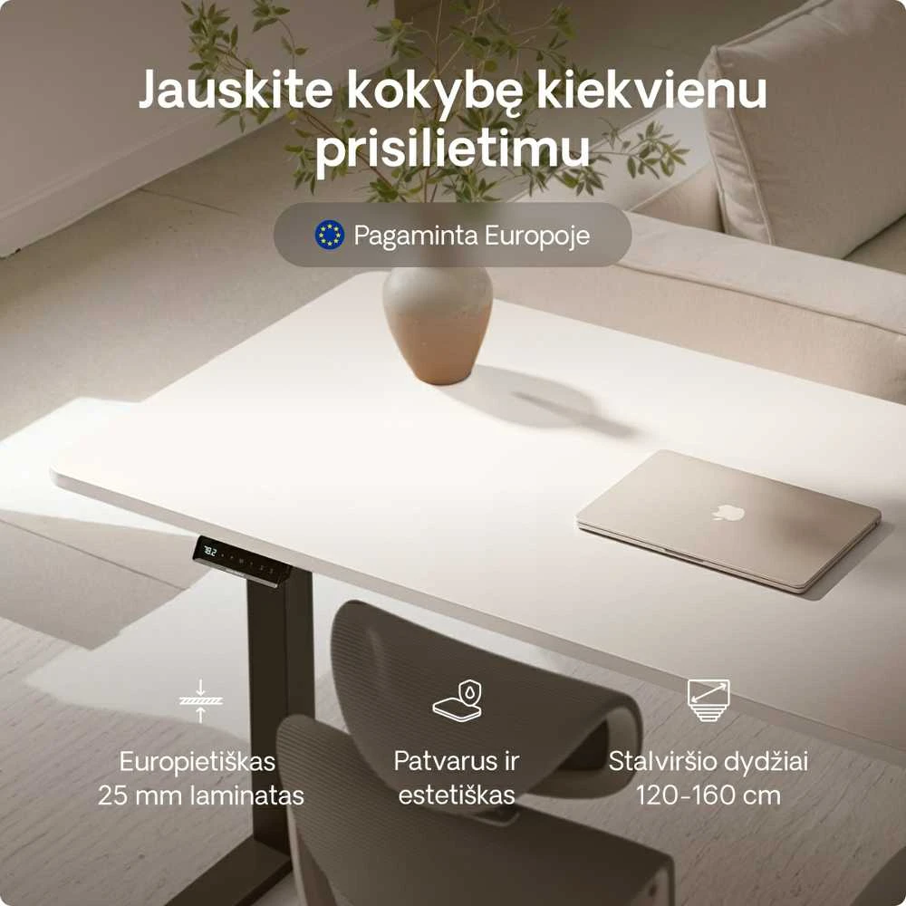 Elektrinis reguliuojamo aukščio stalas Desktronic HomeOne Juodas/Baltas, 140x70cm, Dvigubas motoras, USB ir USB-C įkrovimo lizdai