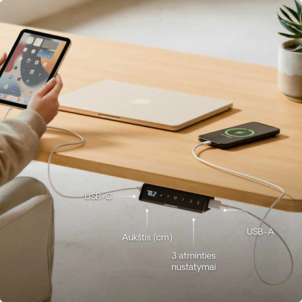 Elektrinis reguliuojamo aukščio stalas Desktronic HomeOne Baltas/Ąžuolas, 160x80cm, Dvigubas motoras, USB ir USB-C įkrovimo lizdai