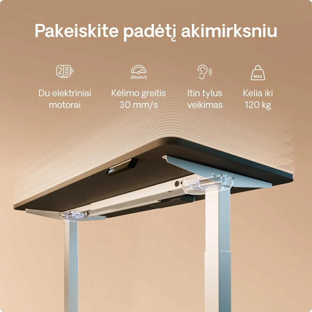 Elektrinis reguliuojamo aukščio stalas Desktronic HomeOne Baltas/Juodas, 140x70cm, Dvigubas motoras, USB ir USB-C įkrovimo lizdai